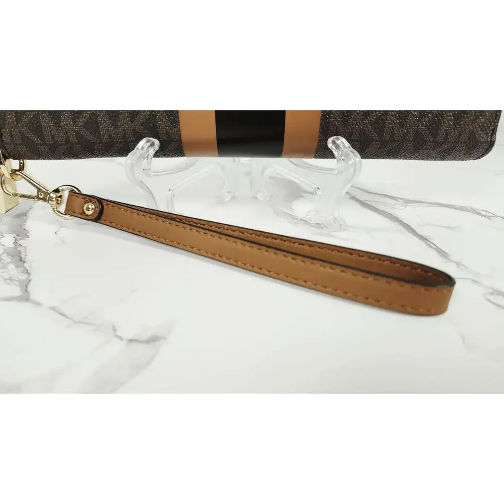 Michael Kors Jet Set Travel Continental Wristlet Wallet Brown Acorn Stripe